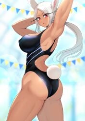 :o absurdres alternate_costume alternate_hairstyle animal_ears arm_behind_head arm_up armpits ass back_cutout blue_one-piece_swimsuit blurry blurry_background blush boku_no_hero_academia breasts clothing_cutout competition_swimsuit dark-skinned_female dark_skin female from_side harurukan highres large_breasts long_eyelashes long_hair looking_at_viewer miruko one-piece_swimsuit parted_bangs parted_lips ponytail rabbit_ears rabbit_girl rabbit_tail red_eyes rumi_usagiyama solo swimsuit tail tail_through_clothes thick_thighs thighs toned_female twisted_torso white_hair