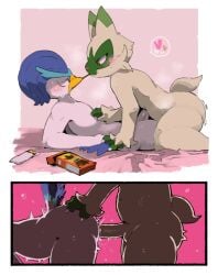 anal anthro ass balls beak bent_over blush duo erection floragato food fur generation_9_pokemon genitals green_body green_fur male male/male male_penetrated male_penetrating male_penetrating_male moesouna_gomi nintendo nude penetration penis pocky pocky_in_mouth pokemon pokemon_(species) quaxwell sex