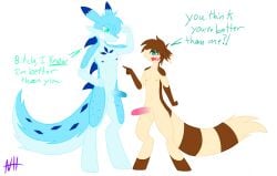 2024 annoyed anthro argument back_spikes blue_body blue_fur blue_markings blue_spikes brown_body brown_fur cheek_tuft chillet crossover dialogue digital_media_(artwork) dipstick_ears duo ear_markings facial_tuft flexing_muscles fur furret generation_2_pokemon genitals hi_res male male/male mammal markings multicolored_ears mustelid nintendo open_mouth pal_(species) palworld penis penis_size_difference pocketpair pokemon pokemon_(species) simple_background size_difference small_but_hung spikes spikes_(anatomy) striped_markings stripes tail tail_tuft tan_body tan_fur thegreatlucario tuft