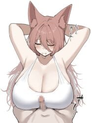 1boy animal_ear_fluff animal_ears armpits arms_behind_head arms_up bare_arms bare_shoulders blush breasts brown_hair censored character_request check_character check_copyright cleavage closed_eyes closed_mouth collarbone copyright_request dot_nose erection facing_viewer fang_out female fox_ears fox_girl hair_between_eyes hair_tie hair_tie_in_mouth highres huge_breasts imminent_paizuri long_hair messy_hair mosaic_censoring mouth_hold narodenden navel oerba_yun_fang penis pov pov_crotch simple_background skindentation small_penis solo_focus stomach tank_top tying_hair upper_body white_tank_top