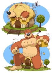 anthro balls banjo-kazooie banjo_(banjo-kazooie) bear belly blue_eyes brown_body brown_fur comic flaccid fur genitals growbro growing hi_res macro male mammal nipples nude pecs penis rareware slightly_chubby solo