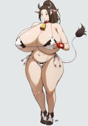 1girls animal_ears bakaatako batako big_breasts bikini breasts breasts brown_eyes brown_hair busty chest clothed costume cow_print female giant_breasts horns huge_breasts king_of_fighters light-skinned_female light_skin long_hair mai_shiranui standing tail tied_hair voluptuous voluptuous_female