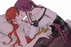 breasts clothed french_kiss hand_on_thigh himeko_(honkai:_star_rail) holding_head honkai:_star_rail honkai_(series) hoyoverse kafka_(honkai:_star_rail) kissing lesbian_kiss on_bed romantic saliva tagme tagme_(artist) yuri