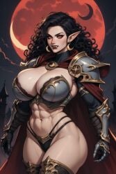 1girls abs aedel_elves aedel_hentai aedel_sfw ai_generated armor armored_female armour armour_fetish black_hair boobs_armor breast_armor brown_hair brunette_hair cape castle curly_hair dracula earrings elf elf_ears fangs fantasy fantasy_creature female_knight freckles freckles_on_face full_moon horror horror_(theme) huge_moon knight moon muscular muscular_female night no_nude no_nudity red_eye red_eyes red_moon shoulder_armor vampire vampire_girl warrior