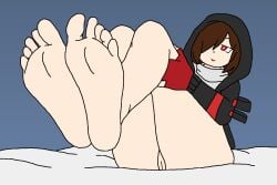 1girls ass ass bed bed_sheet big_ass big_butt chara chara_au clothing epicshift epicshift_chara feet female female_focus female_only frisky_69 holding_legs jacket no_panties no_pants pussy red_eyes shirt smile smiling storyshift undertale undertale_(series) undertale_au