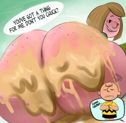 1boy 1girls ass ass ass_focus big_nose brown_hair butt_focus charlie_brown duo english_text female freckles freckles_on_ass freckles_on_face gravy grin huge_ass huge_butt light_skin male ota_(artist) peanuts peppermint_patty presenting_hindquarters rear_view short_hair shortstack sitting speech_bubble text