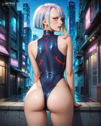 ai ai_generated bare_arms bare_legs createdwithai cyberpunk_edgerunners cyberskin digital_2d fan_art female girl highleg_leotard lucy_(cyberpunk) lucyna_kushinada makeup multicolored_eyes multicolored_hair nostra666 parted_bangs patreon red_eyeliner short_hair sleeveless_turtleneck_leotard stable_diffusion turtleneck_leotard white_eyebrows white_hair