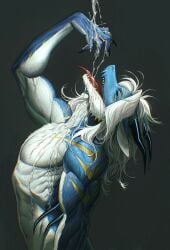 anthro ausen black_sclera blue_body blue_claws blue_eyes blue_fur blue_horn bodily_fluids claws cum cum_on_face dragon frank-79 fur furred_dragon furred_scalie genital_fluids hair hi_res horn male mythological_creature mythological_scalie mythology scalie solo white_body white_fur white_hair