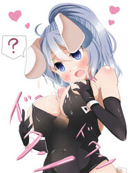 1boy ? animal_ears bare_shoulders blue_eyes blush breast_grab breasts bunny_ears bunny_girl bunnysuit cleavage covered_navel cute_fang elbow_gloves female gloves heart highres long_hair mononobe_no_futo nekoro_(nekokabuto) open_mouth paizuri penis ponytail silver_hair simple_background spoken_question_mark tied_hair touhou