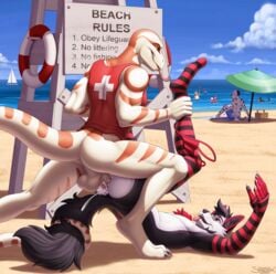 anal anal_sex beach bottomless clothed clothing cum cum_in_ass cum_inside elbow_gloves fingerless_gloves furry furry_only gay girly gloves half-dressed hextra legwear lifeguard male male/male male_only multiple_boys no_humans open_mouth penetration penis piledriver_position rapture red_eyes reptile scalie seaside sex sigma_x snake socks stockings striped striped_legwear striped_socks stripes thong tongue tongue_out v-0-1-d yaoi