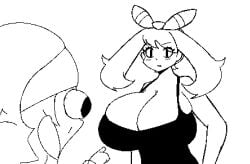 1boy 1girls aqprofilehai bandana beanie beanie_hat big_breasts bigger_female black_and_white breasts_bigger_than_head brendan_(pokemon) brendan_(pokemon_emerald) brendan_(pokemon_rs) clothed_female duo huge_breasts may_(pokemon) may_(pokemon_rs) monochrome nintendo pixel_(artwork) pointing_at_another pokemon pokemon_rse simple_background tagme thick uncolored