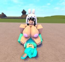 1boy 1girls 3d big_breasts black_hair bunny_boy cum cyan_bunny_ears cyan_hair cyan_sweater female_riding femboy large_breasts naked_female outdoors request roblox roblox_avatar roblox_game roblox_studio robloxian screenshot tagme whorblox_adventure