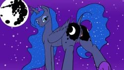 alicorn animal_genitalia anus blue_eyes blue_fur blue_hair breasts clitoral_winking clitoris crotchboobs crown cutie_mark equine equine_pussy female feral friendship_is_magic fur hair half-closed_eyes hoffi horn long_hair looking_at_viewer mammal moon my_little_pony night outside presenting princess_luna_(mlp) pussy raised_tail royalty smile solo star starry_sky wings