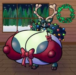 anthro antlers areola areola_slip big_areola big_breasts bow_ribbon bra breasts christmas christmas_lights clothing deer female fur green_body green_eyes green_fur green_hair green_nipples hair hi_res holidays hooves horn huge_areola huge_breasts hyper hyper_breasts inside mammal new_world_deer nipple_outline nipples red_nose reindeer solo sprucy underwear window wreath