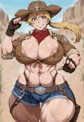 1girl ai_generated blonde_hair cleavage cow_girl cowboy_hat desert female holstered_weapon huge_ass huge_breasts kunaboto_(style) nipple_slip ponytail smiling thick_thighs venus_body western