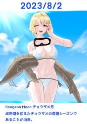 1girl 2023 absurdres animal antenna_hair arcueid_brunestud arm_behind_back armpits ass_visible_through_thighs bikini blonde_hair blue_sky blush breasts carnival_phantasm cleavage cloud dated day fish hair_between_eyes hair_intakes hand_in_own_hair hand_up highres holding holding_animal holding_fish navel ocean official_alternate_costume one_eye_closed open_mouth red_eyes shiro_464646 short_hair side-tie_bikini_bottom sky smile sunlight swimsuit thighs translated tsukihime tsukihime_(remake) upper_body wet wet_hair white_bikini
