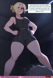 ai_generated comic comics comic_strip annie_leonhardt attack_on_titan 1girl solo blonde_hair blue_eyes ponytail muscular muscular_female abs biceps strong thick_thighs wide_hips large_breasts toned_body black_tank_top black_shorts sportswear tight_clothing standing dominant femdom speech_bubble english_text text smug smile confident looking_at_viewer indoors dark_background nsfwcomic meowllete