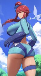 1girls ass beak big_ass big_breasts bird blue_eyes blue_sky breasts cloud creatures_(company) crop_top female from_behind game_freak gen_5_pokemon gloves huge_breasts long_hair long_sleeves looking_back nintendo pokemon pokemon_bw red_hair short_shorts shorts shou_illust sky skyla_(pokemon) swanna teeth thigh_strap wings