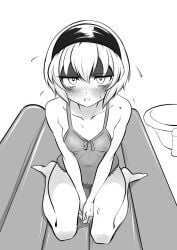 blush breasts collarbone female greyscale hairband jashin-chan_dropkick lingerie looking_at_viewer monochrome navel negligee nipples no_bra no_panties open_mouth pekora_(jashin-chan_dropkick) pussy see-through_clothes small_breasts solo sweat ufufuto underwear