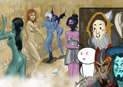 4boys 5girls armor ass black_hair blue_skin blush breast_grab breasts dota_2 dragon_knight grope keeper_of_the_light lina nipples nude phantom_assassin pink_skin queen_of_pain red_hair reddit shower spying storm_spirit succubus sven_the_rogue_knight templar_assassin towel vengeful_spirit wet white_hair wings