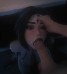 3d black_lipstick blowjob blush crying dc face_fucking fishnets grabbing_head hand_on_head large_penis lipstick_ring oral penis raven_(dc) running_mascara short_hair shorter_than_30_seconds sitting tagme tears teen_titans video