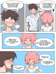 1boy 1girls bag blush comic comic_page dialogue doki_doki_literature_club english_text female human male mc_(doki_doki_literature_club!) natsuki_(doki_doki_literature_club) pink_eyes pink_hair question_mark rakeemspoon shirt text