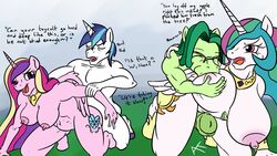 2015 alicorn animal_genitalia anthro appelknekten areola big_breasts breasts earth_pony english_text equine erect_nipples erection female friendship_is_magic horn horse horsecock huge_breasts male mammal my_little_pony nipples nude penetration penis pony princess_cadance_(mlp) princess_celestia_(mlp) sex shining_armor_(mlp) stomach_bulge text unicorn wings