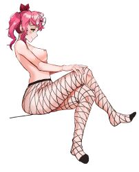 1girls ass breasts cherri_(oc) feet fishnet_legwear fishnets glasses glasses_on_head green_eyes legs_crossed looking_at_viewer nipple_piercing nipples pink_hair sitting smile solo