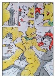 anal_sex black_fur blowjob booty_sex buttsex dashthefox dashthefox_(character) fever_(firefox-fever) gay gay_sex horny muscles muscular penis porn_comic traditional_media yellow_fur