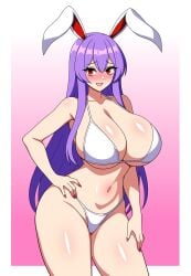 1girls 2d bare_shoulders belly belly_button big_breasts bikini bikini_only blush blushing_profusely breasts breasts_bigger_than_head bunny_ears bunny_girl cleavage female gradient_background hand_on_hip hips long_hair looking_at_viewer nail_polish open_mouth purple_hair rabbit rabbit_ears rabbit_girl red_nail_polish red_nails reisen_udongein_inaba shiny_hair shiny_skin smile solo source ssaf ssaf52913778 ssaf_seibeupail standing swimwear swimwear_only thick_thighs thighs touhou wide_hips