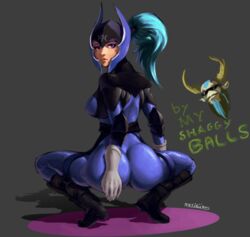 1boy ass bodysuit breasts dat_ass dota_2 female looking_behind luna_(dota) mound_of_venus nature's_prophet nipples skin_tight solo squat squatting white_hair