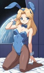 ai_generated alternate_universe bed bedroom blonde_hair blue_bowtie blue_bunny_ears blue_bunnysuit blue_eyes bowtie bunny_ears bunnysuit female female kneeling long_hair looking_at_viewer maria_robotnik medium_breasts on_bed pantyhose pixai planet sci-fi slim_waist smile smiling_at_viewer solo sonic_(series) sonic_the_hedgehog_(series) space stars tall_female