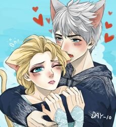 1boy 1girls animal_ears biting_ear blonde_female blonde_hair blue_eyes blush crossover disney dreamworks elsa_(frozen) female frozen_(film) halloween heart hugging jack_frost jack_frost_(rise_of_the_guardians) jelsa male male/female paramount_pictures rise_of_the_guardians silver_hair straight tail wolf_ears