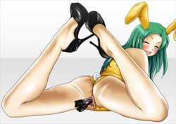 animal_ears ass bar_censor blush bunny_ears bunnysuit censored cute_fang female from_behind green_hair high_heels insertion jelly_fish_(artist) long_hair looking_back object_insertion open_mouth pen pussy suzumiya_haruhi_no_yuuutsu tsuruya yellow_eyes