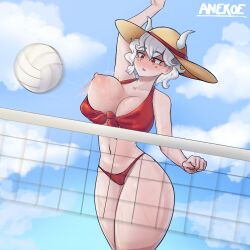 anekoe98 beach beelzebub_(helltaker) bikini female female_only helltaker nip_slip nipples tagme volleyball wardrobe_malfunction white_hair