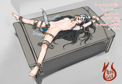 arms_up begging begging_for_mercy black_hair blue_hair bondage breasts dialogue dildo dildo_harness domination drooling english english_text female femsub forced_orgasm forced_vibrator glasses helpless hitachi_magic_wand kantai_collection losing nipples nude on_table ooyodo_(kantai_collection) resisting resisting_orgasm sex_toy sex_toys spread_legs spreader_bar stationary_restraints straps struggling suffering text tongue_out vaginal_object_insertion very_long_hair vibrator yeougui