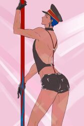 aomine_daiki back_view blue_hair choker daiki_aomine femboy feminine_male gloves hat kuroko's_basketball kuroko_no_basuke lean_body male male_focus male_stripper pole pole_dancer pole_dancing short_hair shorts stripper stripper_pole tan_skin