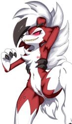 canid canine female generation_7_pokemon hi_res humanoid lycanroc mammal midnight_lycanroc nintendo pokemon pokemon_(species) solo threezetas