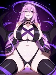 1boy 1girls cowgirl_position cowgirl_position demon_girl demon_horns demon_tail demon_wings draining draining_energy femdom large_breasts latex_gloves lipstick looking_at_viewer original pink_hair pov purple_eyes shimmerhex succubus