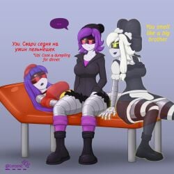 3females 3girls ass big_ass big_asses cyn_(murder_drones) doll_(murder_drones) female female_only glitch_productions laying_on_bed lotosnic murder_drones purple_eyes purple_hair red_eyes robot robot_female robot_girl russian sitting sitting_on_bed tagme uzi_(murder_drones) yellow_eyes