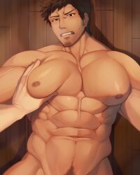 1ambiguous 1boy abs bara beard_stubble beefy big_areola big_breasts blush breast_squeeze breasts breasts_bigger_than_head brown_eyes brown_hair collarbone completely_nude frown gay grabbing grabbing_breasts gritted_teeth half-closed_eyes hi_res looking_at_viewer lying lying_on_back male male_breasts manly mature_male muscles muscular muscular_arms muscular_male offscreen_character open_legs oppai original original_character pecs plump_breasts resisting resisting_pleasure short_hair six_pack soft_breasts squeezing squeezing_breast steam steamy_breath suzuoni sweat sweatdrop thick_neck veiny_arms veiny_muscles wooden_floor