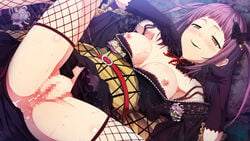 areolae bangs blunt_bangs blush breasts butterfly_hair_ornament censored cura female fishnet_legwear fishnets game_cg gloves hair_ornament hairpin highres japanese_clothes large_breasts monobeno mosaic_censoring nipples purple_hair smile solo spread_legs sweat takijorou undressing yellow_eyes