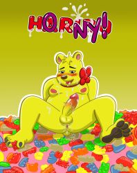 anus ass_hole bear boner booty_hole breasts butt_hole candy candy_mascot cum fat food_mascot furry gameraccoon1503 goldbear_(haribo) golden_background gummy_bears haribo horny moobs naked naughty penis tie yellow_fur