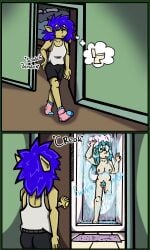 2girls amputated_leg amputee blind_eye blue_hair breasts comic comic_panel elf elf_ears elf_female fangs green_eyes kalea_(th3crazyguard1an) naked naked_female oc original original_character original_characters page_1 pubic_hair shower socks sylvis_(th3crazyguard1an) th3crazyguard1an transgender_pride_colors