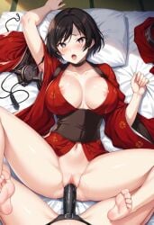 ai_generated black_hair bouncing_breasts breasts_out female female/female female_penetrated female_penetrating_female kimono kurenai_(red_ninja) lying lying_on_bed nipples open_clothes open_mouth pleasure_face red_kimono red_ninja red_ninja_end_of_honor sex short_hair strap-on yuri