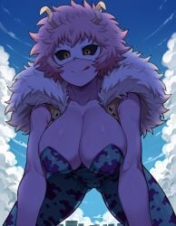 1girls ai_generated all_fours black_sclera bodysuit cameltoe cleavage closed_mouth covered_nipples fur_trim goonedoutp3rv horns huge_breasts imminent_sex jacket licking_lips looking_at_viewer mask mina_ashido my_hero_academia on_top pink_hair pink_skin pov pov_eye_contact short_hair smirk solo yellow_eyes