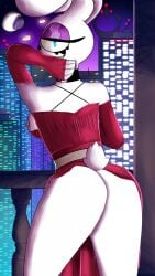 1girls animal_humanoid ass ass_focus blue_eyes breasts breasts_out bunny bunny_ears bunny_girl city detached_sleeves dress edited eyelashes eyes_half_open female female_focus female_only fingerless_gloves half-closed_eyes looking_at_viewer looking_back nipples no_humans oc original original_character partially_clothed red_dress simple_background smile smug solo tagme teeth teeth_showing white_skin