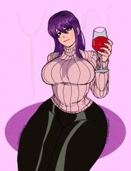 1girls ambiguous_fluids big_breasts big_thighs cel_shading doki_doki_literature_club female_focus female_only gigantic_breasts holding_drink holding_glass holding_object huge_thighs juicy_thighs large_breasts large_hips leggings looking_at_viewer masochistmaverick massive_breasts purple_eyes purple_hair small_waist smiling smiling_at_viewer snatched_waist sweater thick_thighs thick_thighs_save_lives thin_waist tight_clothes tight_clothing tight_pants turtleneck turtleneck_sweater wide_hips yuri_(doki_doki_literature_club)