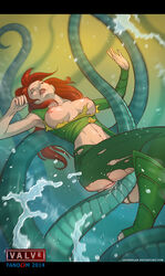 barefoot breasts dota_2 female grinding imminent_rape navel nipples outercourse red_hair tentacle tidehunter torn_clothes water wet windranger