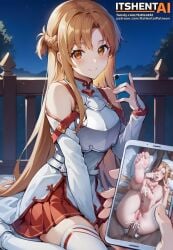 ahe_gao ai_generated big_penis blush brown_eyes brown_hair cheating cheating_girlfriend cuckold cum_in_ass cum_on_face cum_on_feet fansly feet foot_focus interracial_sex itshent-ai looking_at_phone looking_at_viewer netorare night ntr patreon peace_sign phone phone_screen pig_nose shiny_skin soles stable_diffusion sweat sword_art_online threesome twitter_username watermark yuuki_asuna